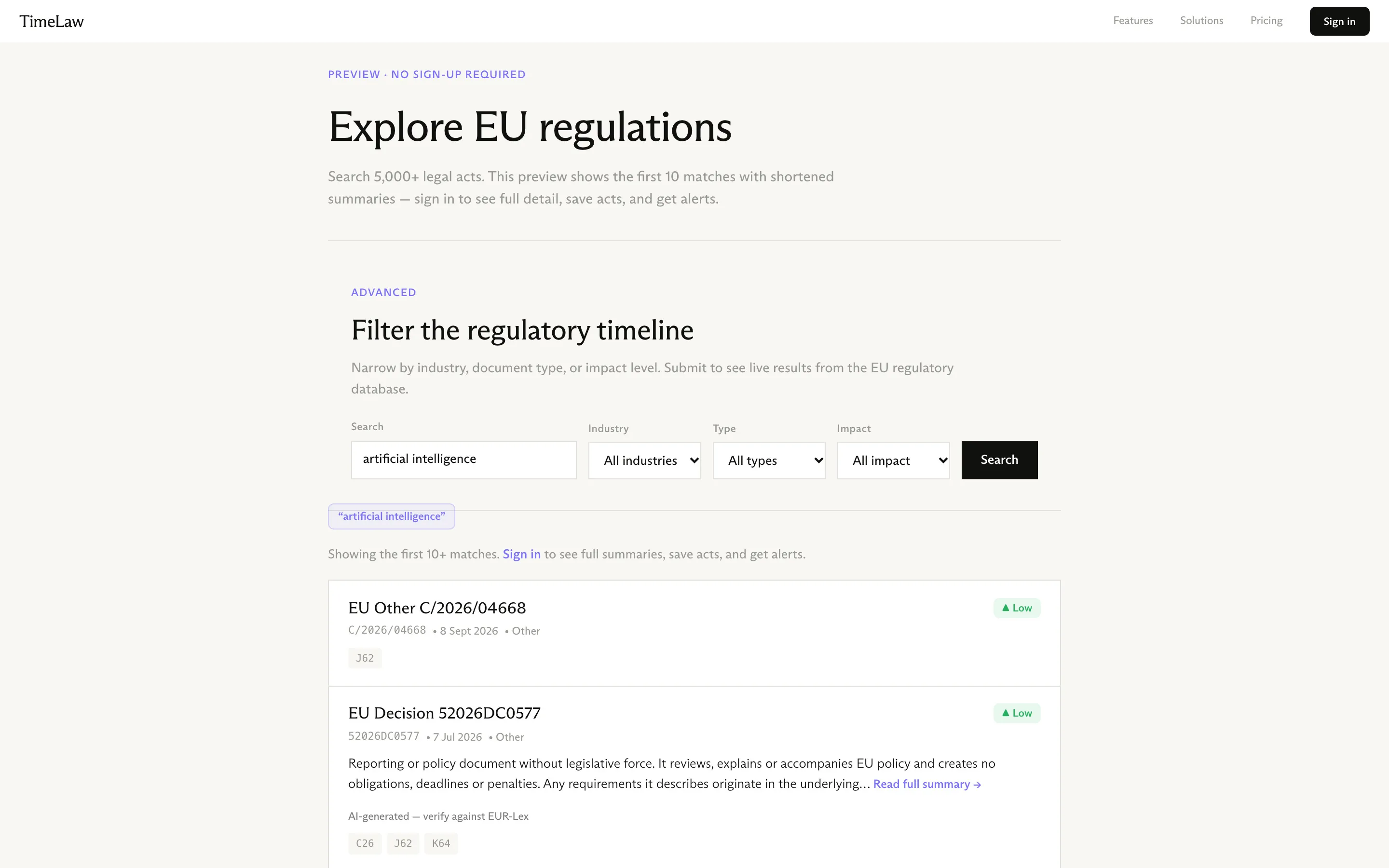 The app's explore: searching 5,000+ EU legal acts, filtered by industry, type and impact