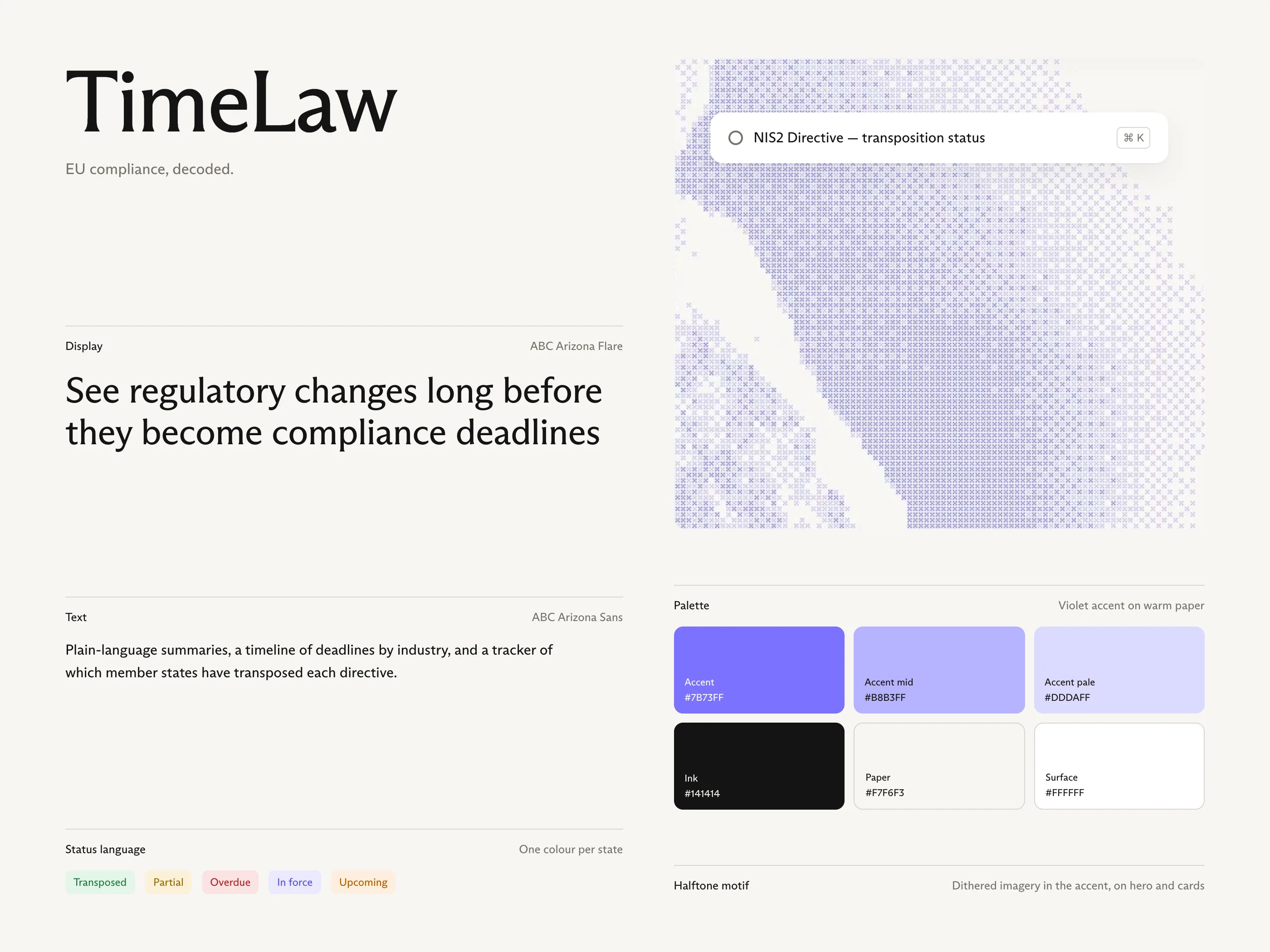 Brand board: Arizona Flare and Sans, violet accent palette, status language, halftone motif