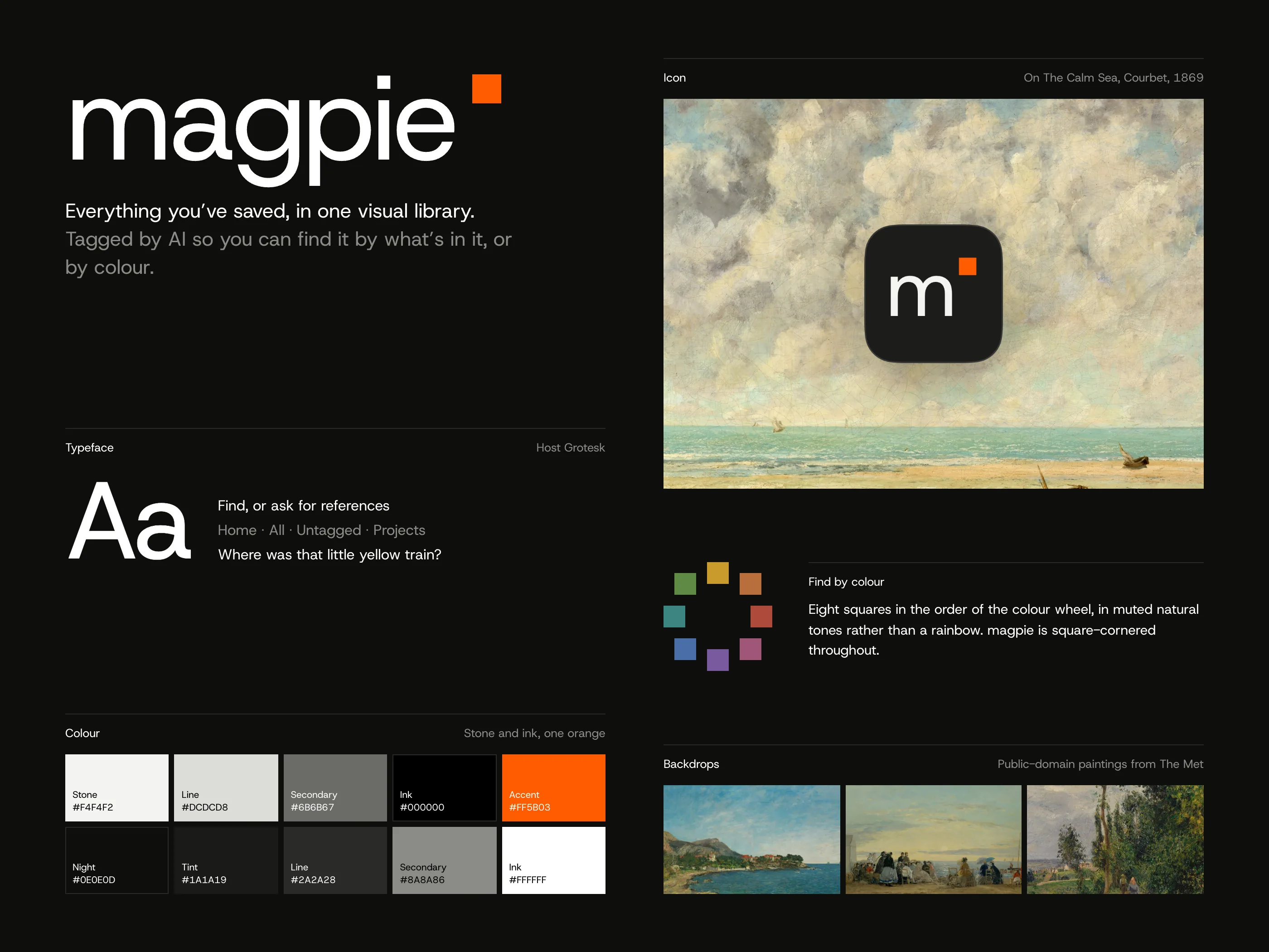 Brand board: wordmark and orange mark, Host Grotesk, stone and ink palettes, the app icon, find-by-colour mark and the Met paintings