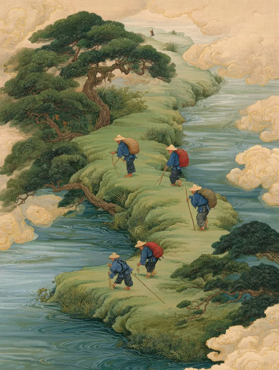 Commissioned landscape painting: travellers on a river path between pines and clouds