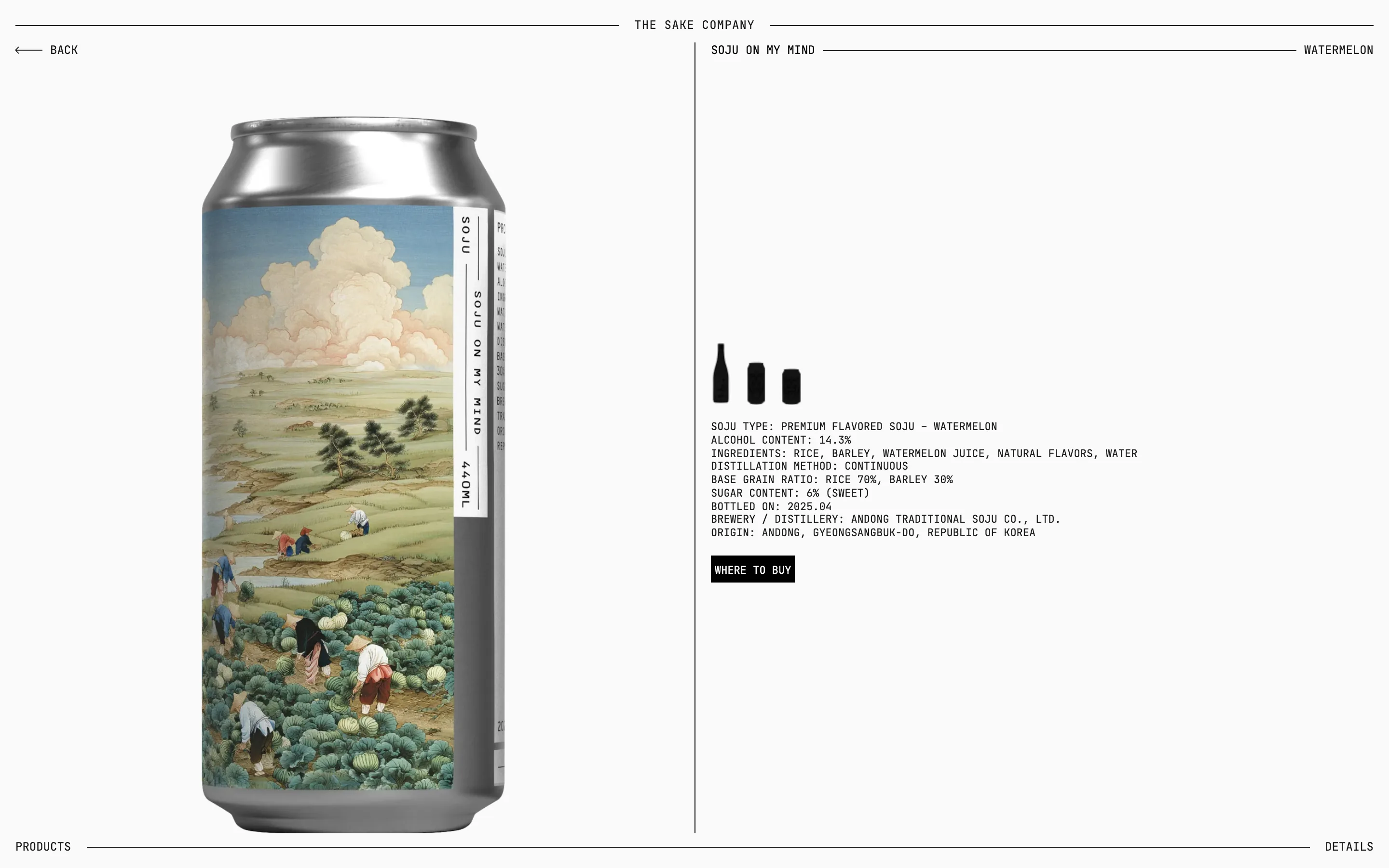 Product page for the watermelon soju with its full specification