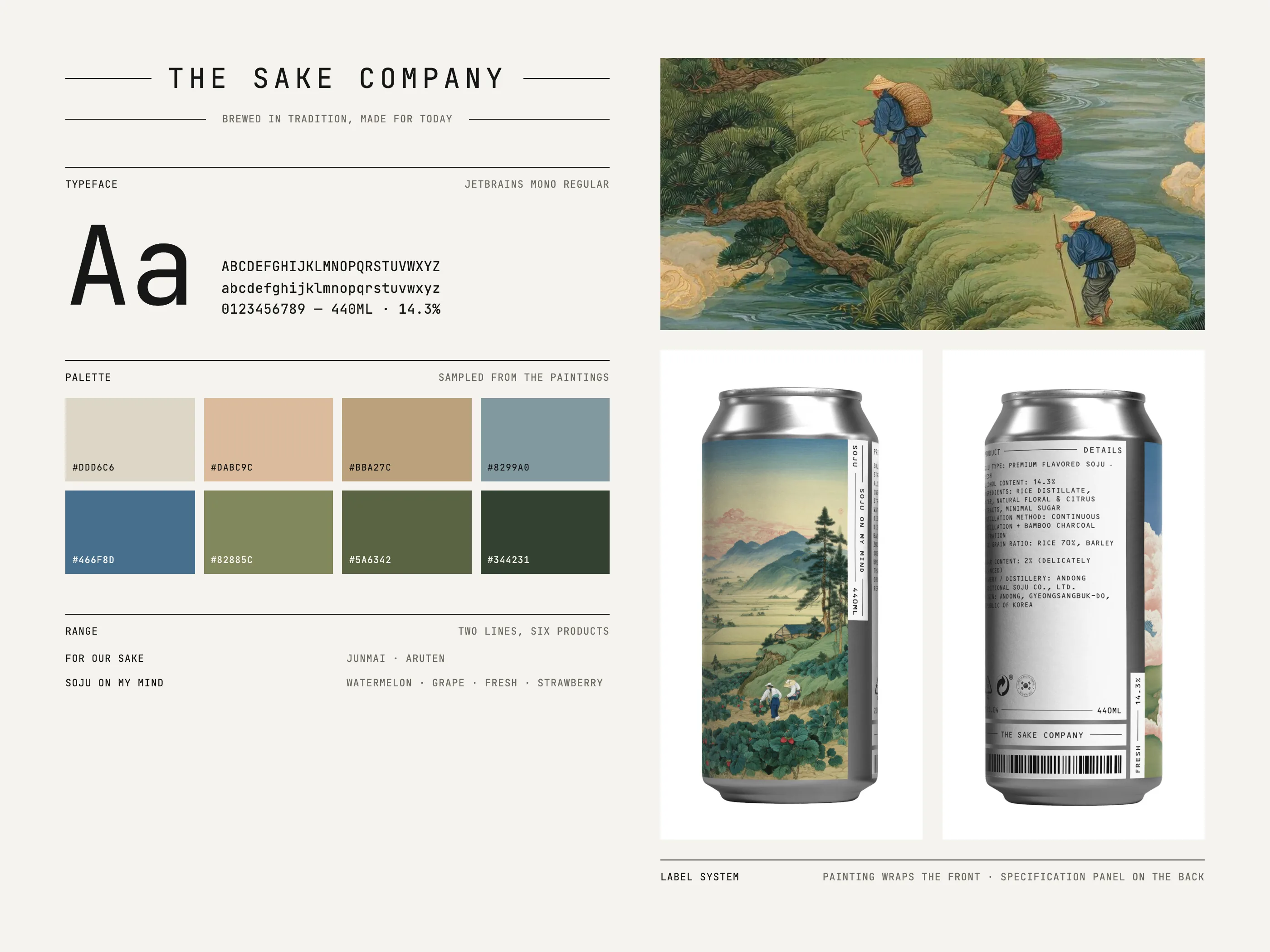 Brand board: wordmark, JetBrains Mono, palette sampled from the paintings, label system