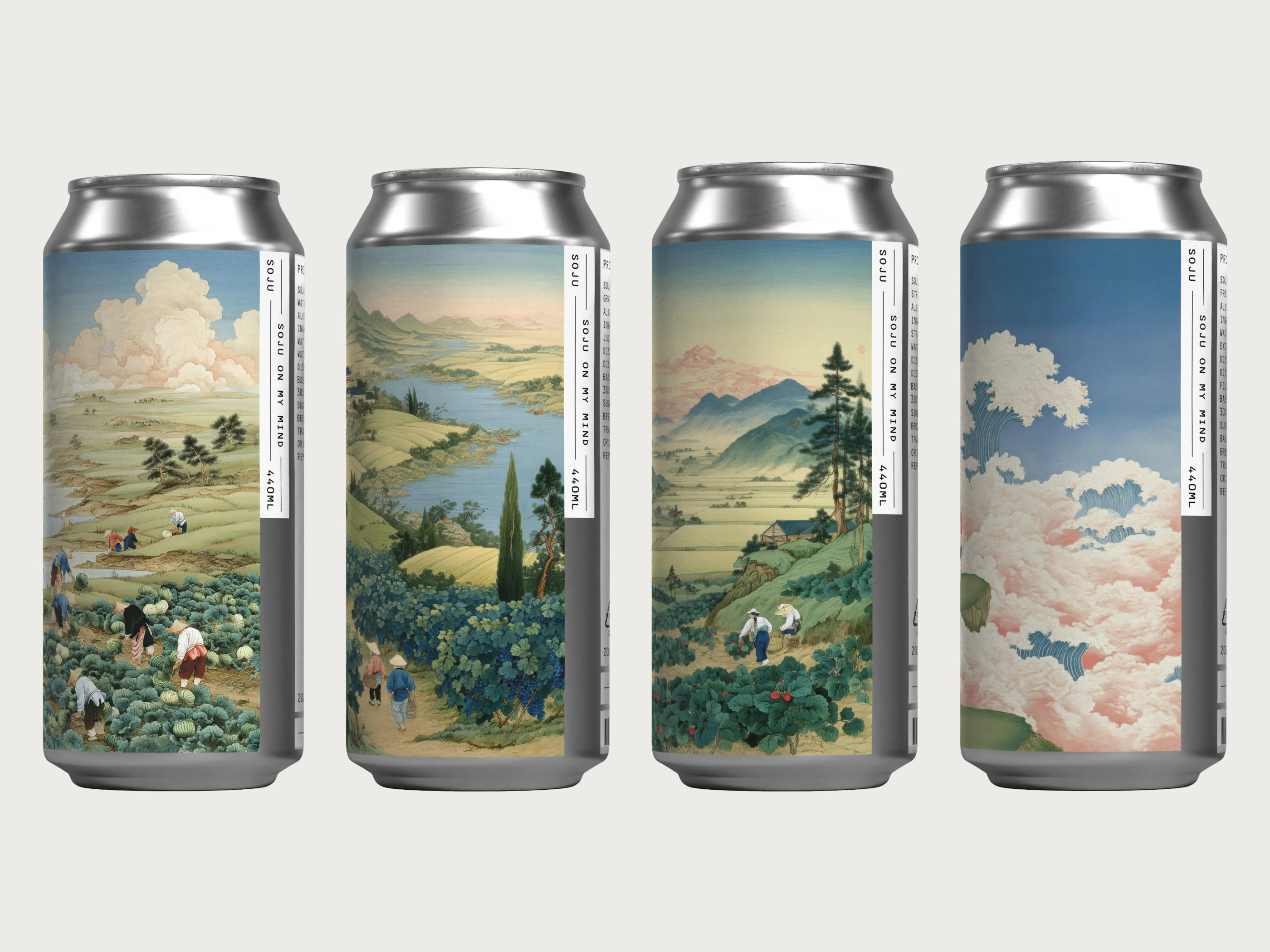Four 440ml soju cans, each wrapped in a different landscape painting