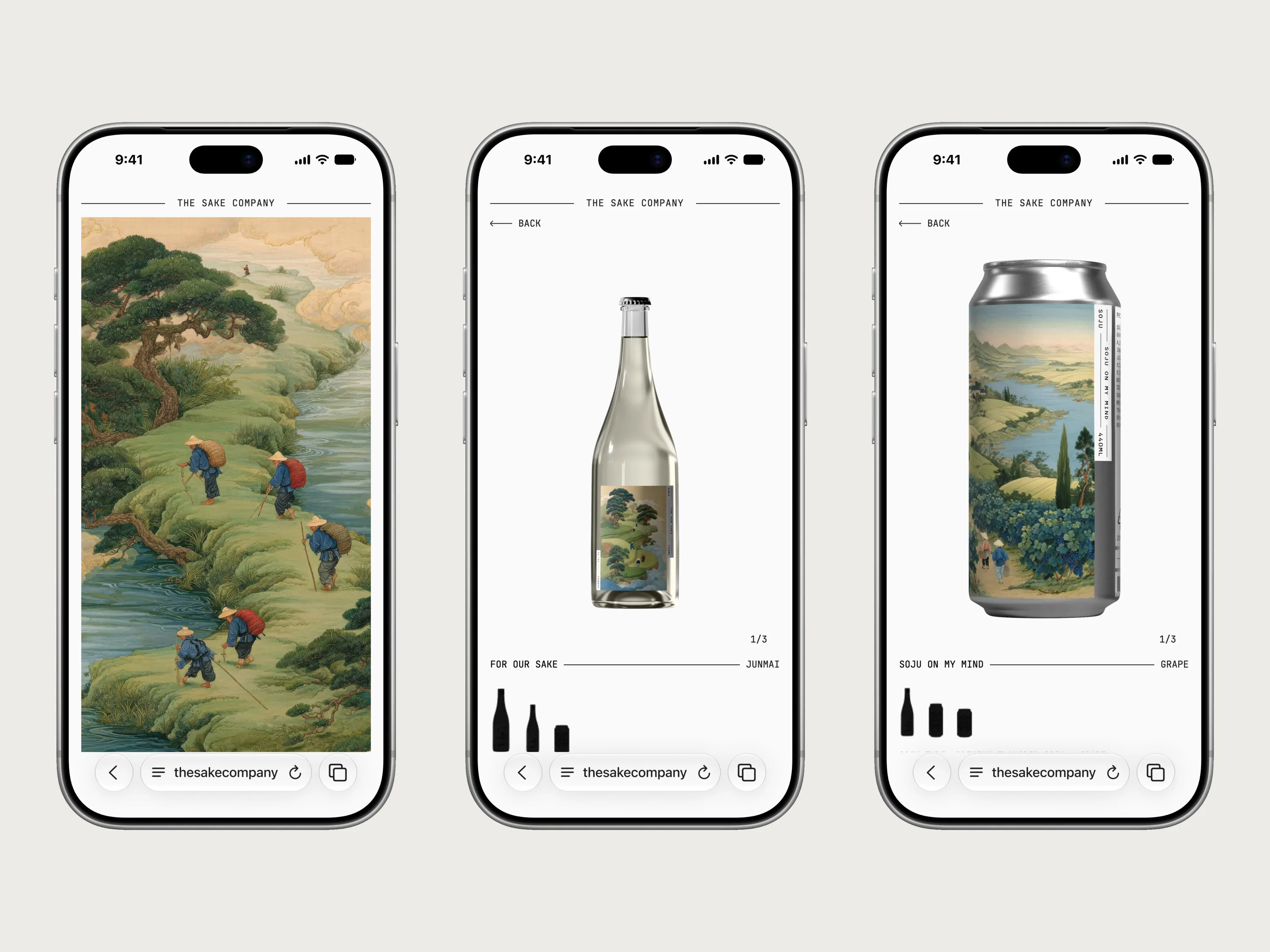 The website on iPhone: home, junmai and grape product pages