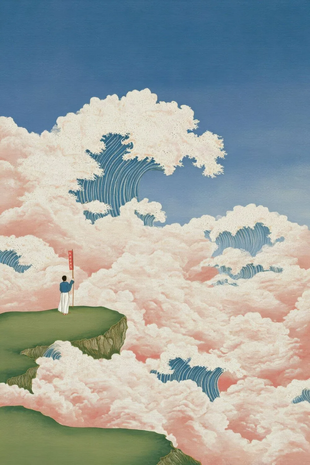 Commissioned painting: a figure on a cliff above waves of pink cloud