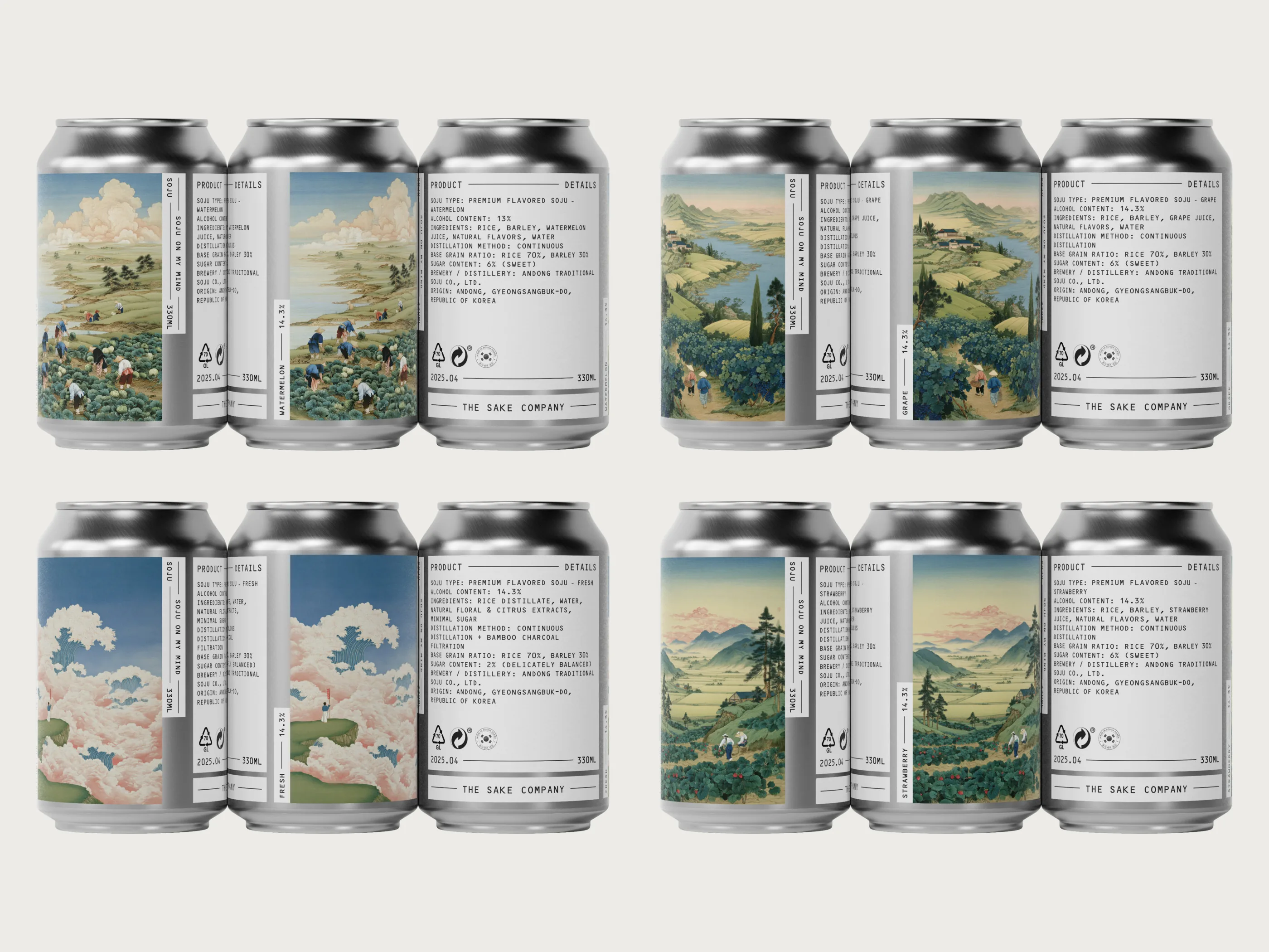 Three-can packs for each of the four soju variants
