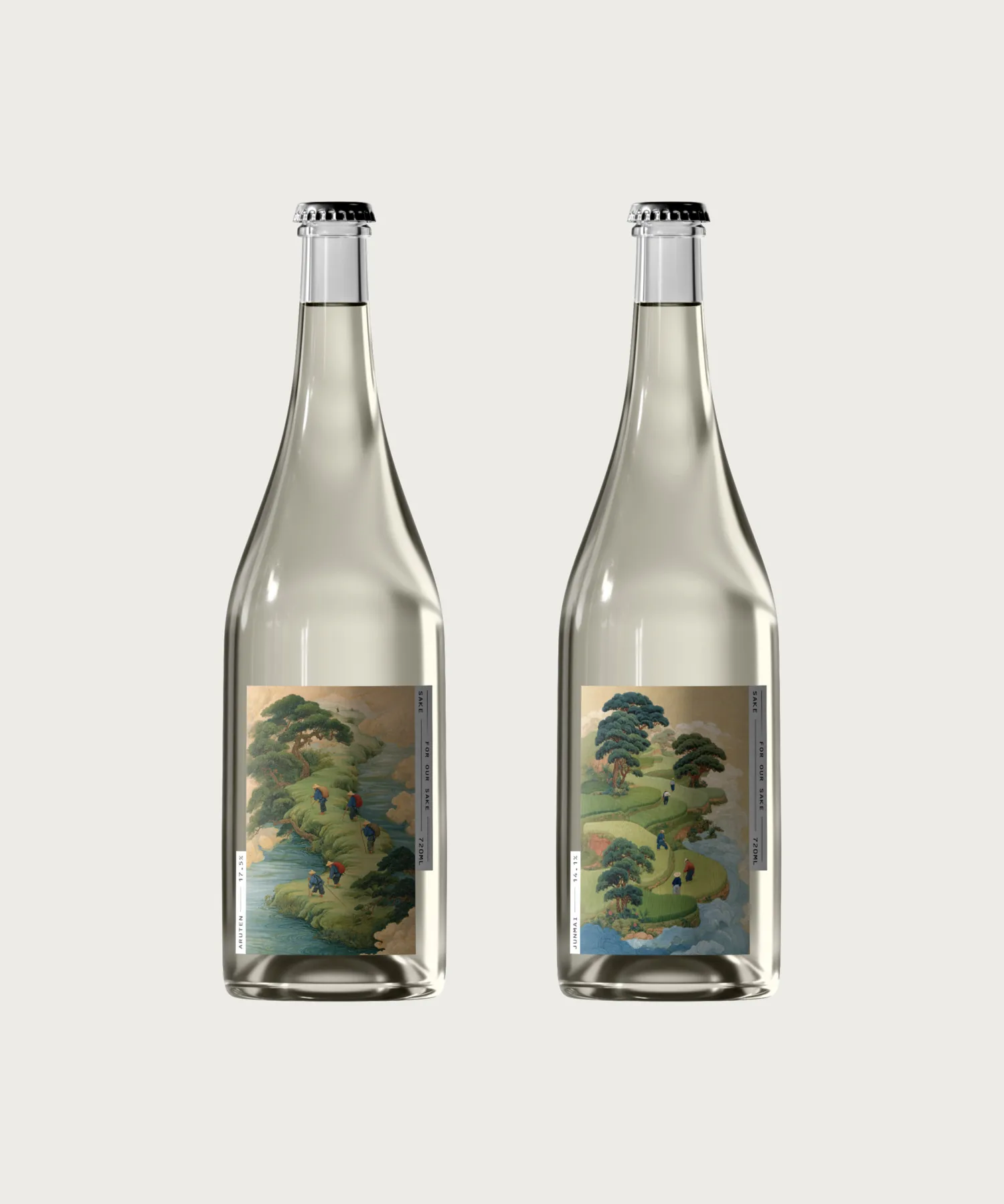 Two junmai sake bottles with painted landscape labels