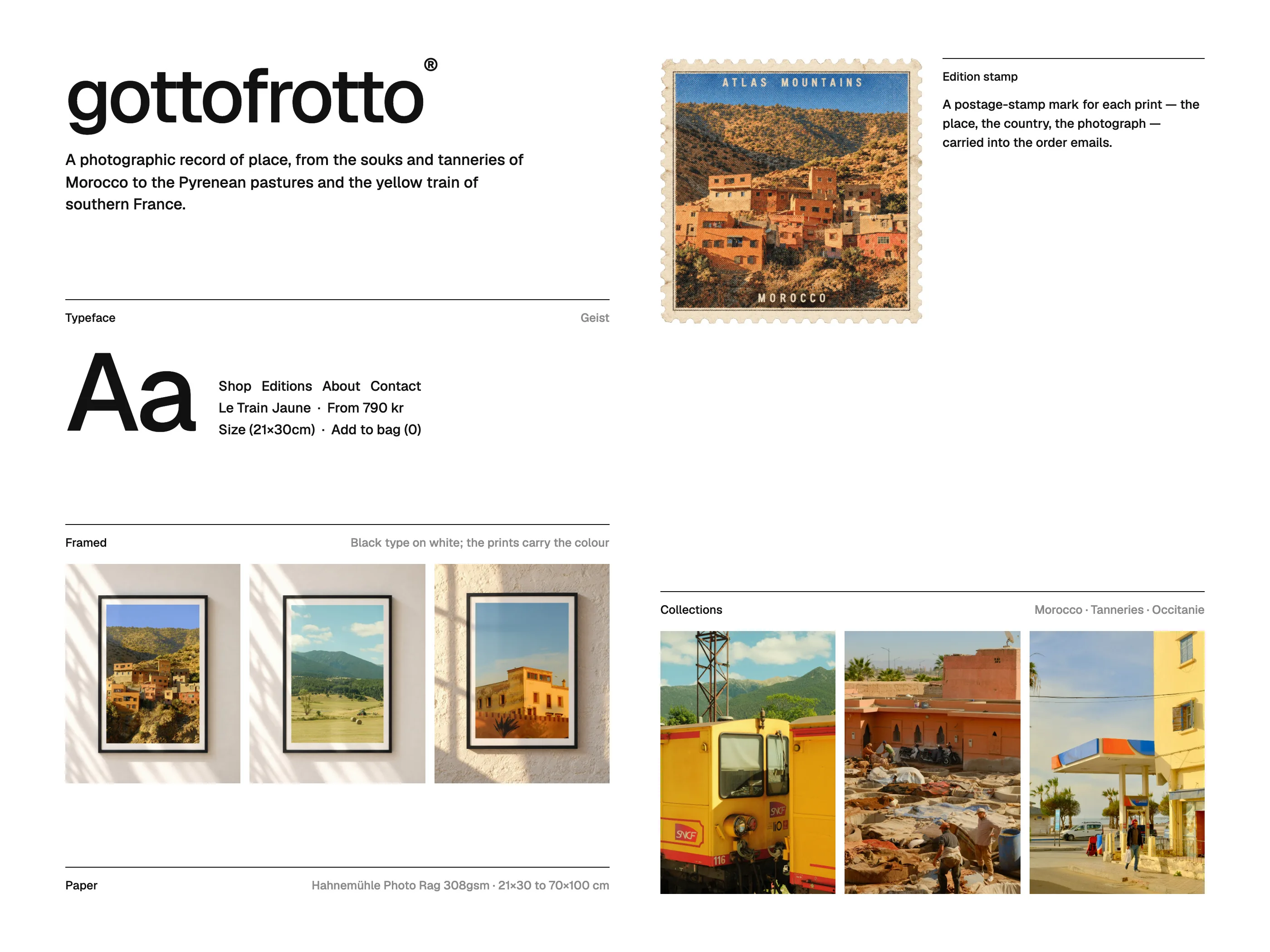 Brand board: wordmark, Geist, palette from the prints, edition stamp and collections
