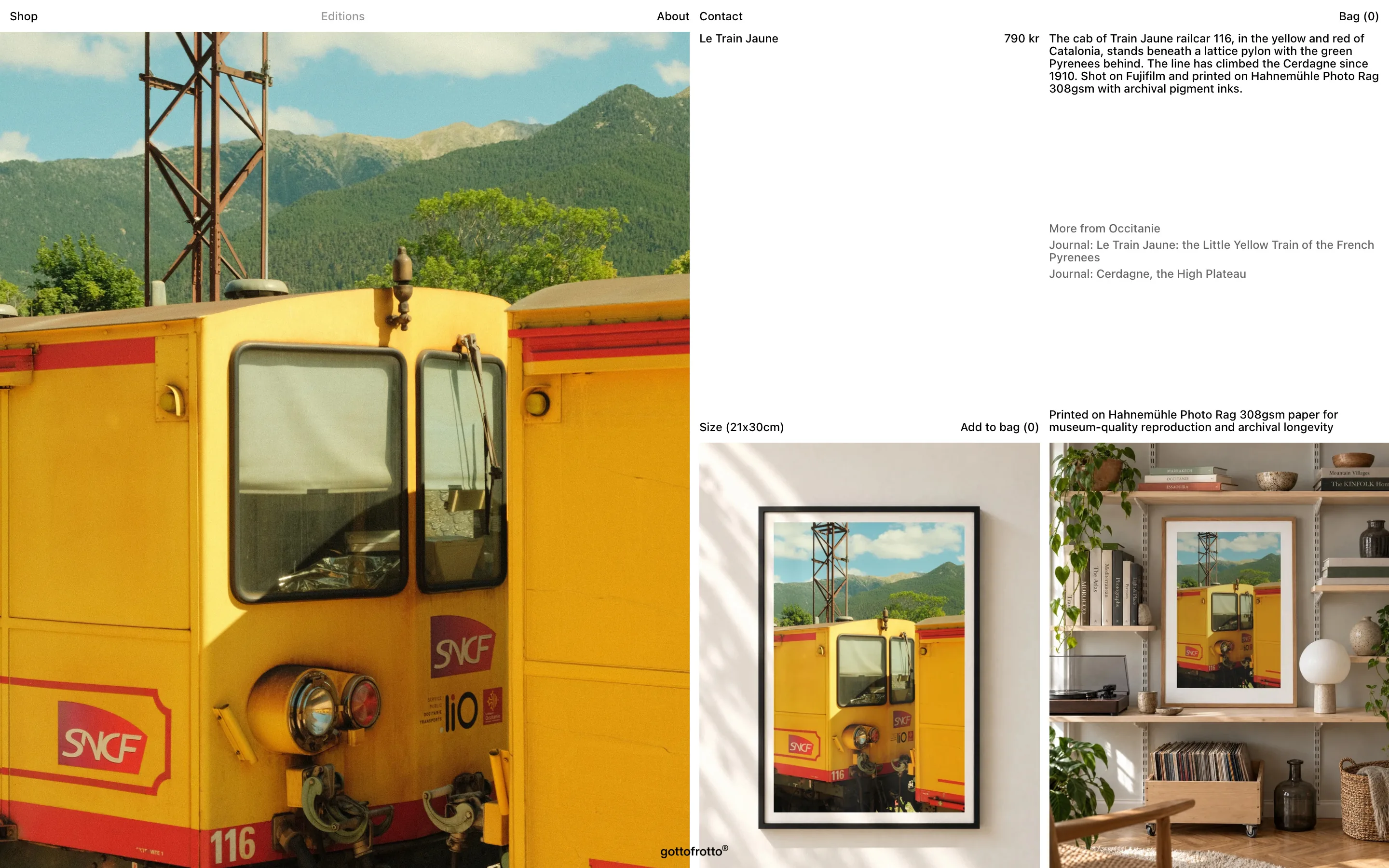 Product page for Le Train Jaune with size, story and framed views