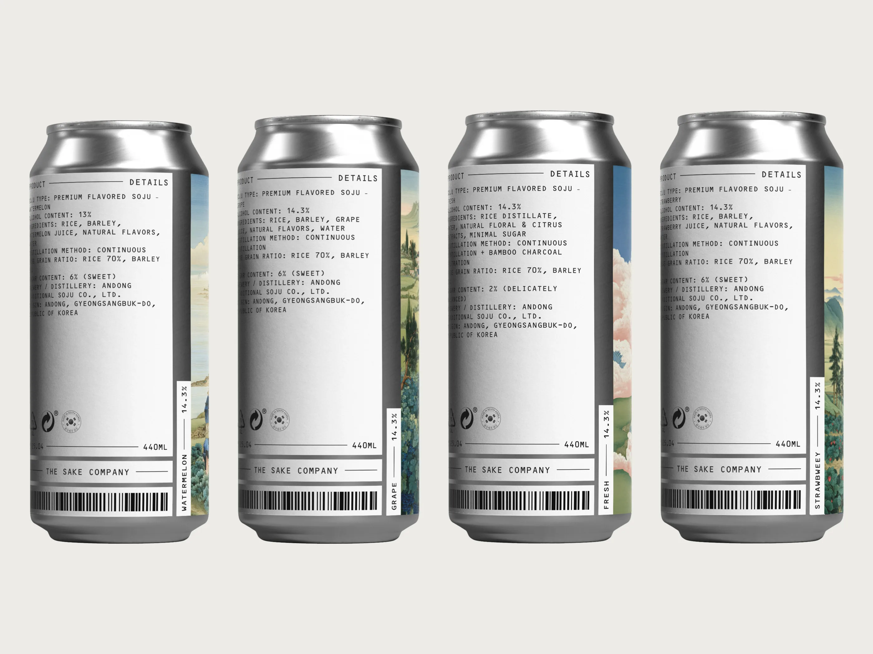 The backs of the four cans: a typewriter-style details panel and barcode band